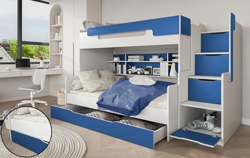 Harry 2 Personen Etagenbett mit 4 Regalen und grosser Schublade weiss/blau