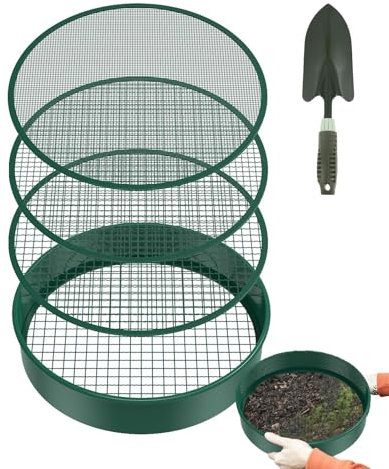 Tamis de jardin rond - tamis de sol en acier inoxydable de 30 cm, maille à 4 filtres et pelle - parfait pour le compostage, le sable et la filtration du sol dans les serres et les sols agri