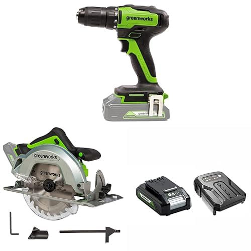 Greenworks GD24DD35 Perceuse Visseuse Sans Fil + GD24KS Scie Circulaire Sans Fil + Batterie 24V 2Ah et Chargeur Universel