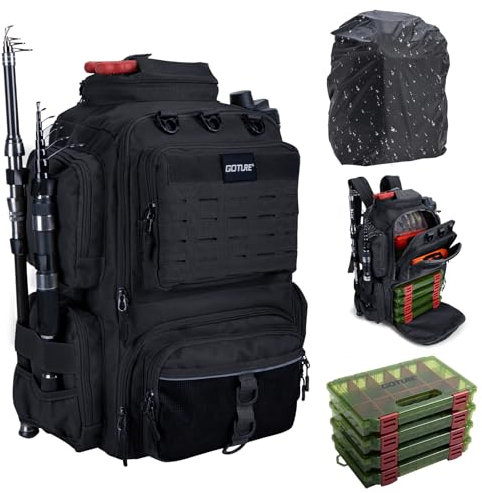 Goture Angelrucksack mit 4 Köderbox Angeln, 45-Liter Angelzubehör-Rucksack mit Zwei Rutenhaltern und Regenschutz, 900D Oxford-Gewebe Wasserabweisende Angelgerätetasche mit verstellbarem Fach