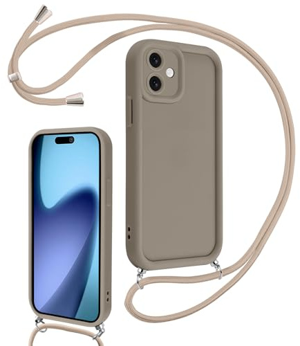 Coalbooliy Handyband für iPhone 17 Hülle 6,3 mit Band Kette, Handyhülle Kameraschutz Weiches Silikon Necklace Stoßfeste Schutzhülle mit Kordel zum Umhängen Cover für Mädchen Frauen, Khaki