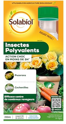 SOLABIOL Anti-Insectes Polyvalents - Action Rapide - 200ml | Effets Visibles en 3h - Pucerons, Cochenilles, Aleurodes - Utilisable en Agriculture Biologique - SOLIPOLY200N