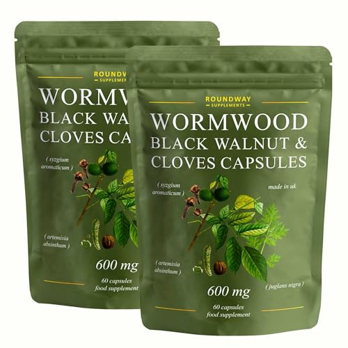 Wormwood Black Walnut and Clove Capsules | High Strength Supplement for Humans | 2 Months Supply | 60 Capsules, 600mg per Serving | Vegan Supplement and UK Made (Pack of 2)