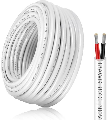18 AWG Elektrokabel 2×0,75 mm², 2-adriges Anschlusskabel, Flexibles Kupferkabel aus verzinntem Kupfer für 5V/12V/24V, 300V, 10 m Weiß, Niedervoltkabel für LED-Streifen, Modellbau und DIY