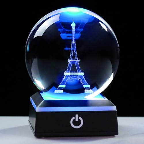 Enjinkail Boule de cristal 3D en forme de Tour Eiffel de Paris - Décoration de Noël - Cadeau pour femme et homme - Avec base LED - Souvenirs de Noël - Boules à neige uniques en verre pour Noël et