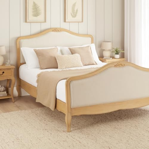 French Chateau Oak King Size Bed 5ft | Natural Linen Upholstered Headboard | Solid Frame | Hand-Carved Cabriole Legs | Decorative Piping | Natural Whitewash Finish | Minor Assembly Required
