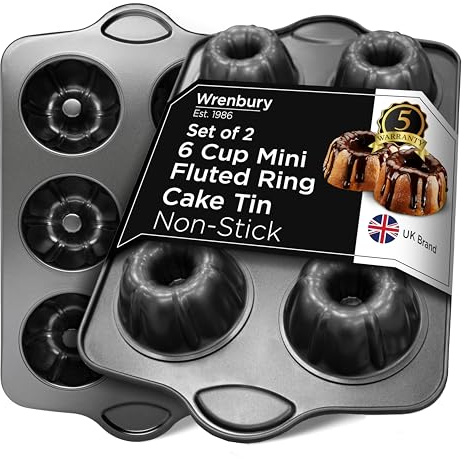 Wrenbury Set of 2 Mini Fluted Ring Cake Tin Moulds Non Stick | 6 Cup Angel Ring Cake Pan for Baking Small Cakes - PFOA Free and Dishwasher Safe - 9.5cm Cup