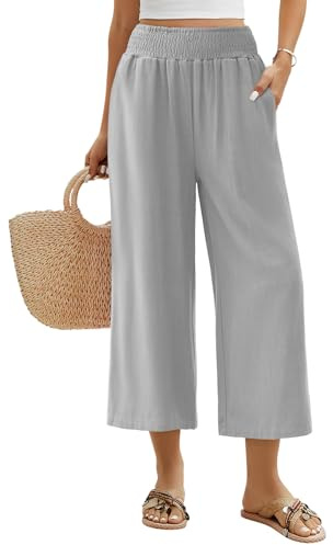 UMIPUBO Women Trousers 3/4 Summer Cotton Linen Cropped Pants Wide Leg Palazzo Casual Elasticated High Waist Beach Loose Fit Ladies Bottoms with Pockets Work Yoga Holiday (Grey, XL)