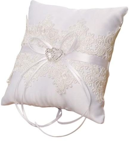Spitzen Hochzeitsringkissen Weiß mit Zwillingsherz für Braut und Bräutigam | Hochzeit und Verlobung, Dekoratives Kissen für Ringe, Elegante Optik, Polyester mit Spitze, Weiß