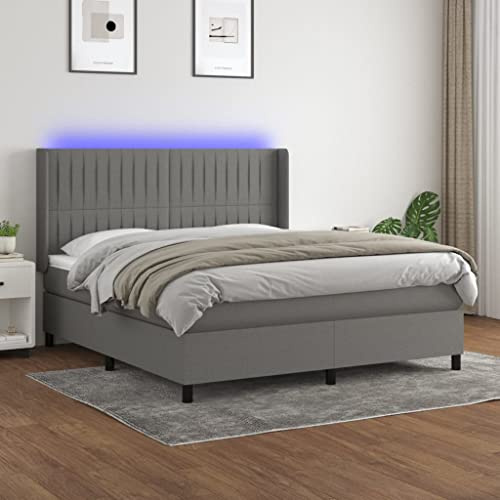 QJBSAVVA Grau Doppel Boxspringbett Dunkelgrau mit 180x200 Matratze LED Beleuchtung Massiv Holzrahmen Höhenverstellbares Kopfteil Modernes Design für Schlafzimmer Jugendzimmer