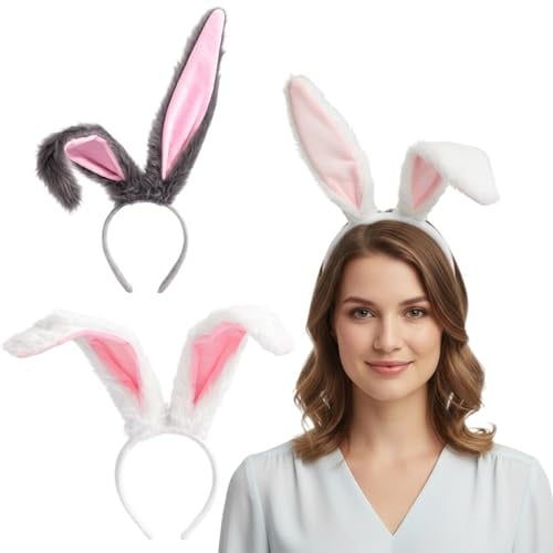JqruiTbeis 2er-Set Hasenohren-Kostüm & Hasenohren-Haarreif – Weiß und Grau, niedliche Bunny-Ohren für Erwachsene und Studierende, ideal für Karneval, Halloween, Cosplay und Partys