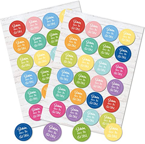 Spruchaufkleber, 48er Set: Runde Sticker mit Sprüchen, Aufkleber Rund, Spruch Schön Dass Du Da Bist, Geschenkaufkleber Sprüche, Zum Aufkleben, Erwachsene & Kinder, Geschenk Freundschaft, Klein, ⌀ 4 cm