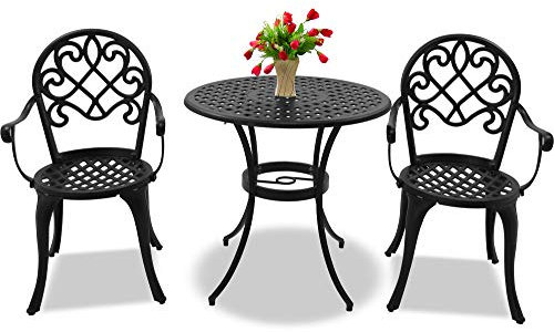 Centurion Supports PREGO Garden & Patio Table & 2 Large Chairs with Armrests Cast Aluminium Bistro Set - Black