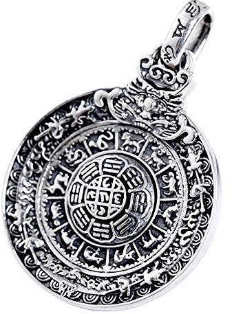 ForFox Vintage Schwarz 925 Sterling Silber Bagua Spinner Anhänger mit Chinesische Sternzeichen Taoismus Feng Shui Schmuck für Herren Damen Silber-Ton