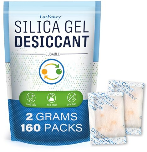 LotFancy Silica Gel Packets 2g x 160 Packs, Reusable Desiccant Bags | Silica Gel Sachets for Food, Color Indicating, Moisture Absorber for Filament Storage