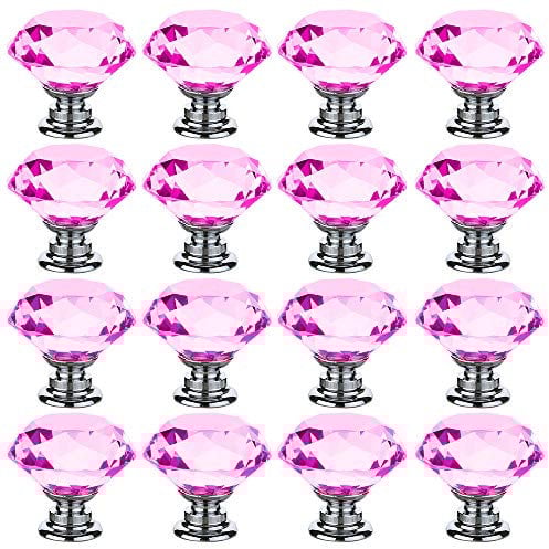 JTWEB 16PCS 30mm Pink Crystal Glass Door Knobs Cupboard Cabinet Handle Drawer Pull Handle with Screw(16pcs Pink)