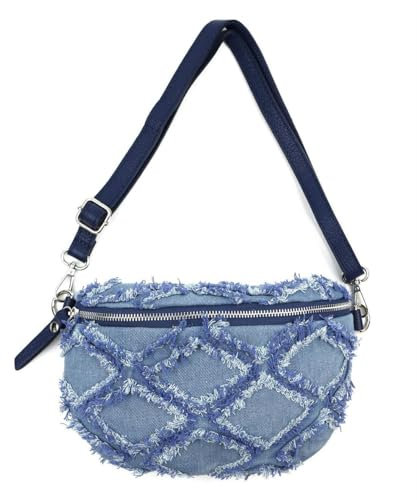 OBC Made in Italy Damen Brusttasche Jeans Leder Tasche Bauchtasche Hüfttasche Schultertasche Bodybag Umhängetasche Crossbody Handytasche Crossbag Gürteltasche Blau S (Jeansstoff)