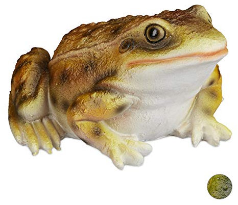 Relaxdays Gartenfigur Frosch, wetterfest, für Balkon, Terrasse, am Teich, Kunststein, sitzende Dekofigur Frosch, gelb, 9 x 13.5 x 15 cm