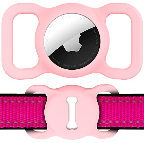 Hundehalsband Halter für AirTag, Air Tag Hund GPS Hülle, Silikon Anti-Lost Haustier Tracker Halsband Wasserdicht Anhänger und Leicht, Kompakte Größe, GPS Schutzhüllen Zubehör Heimtiertracker,Rosa