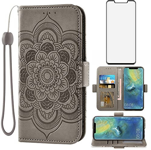 Asuwish Funda para Huawei Mate 20 Pro con Cristal Templado Protector Pantalla Vidrio Pelicula Protectora Libro Cuero Piel Tarjetero Soporte Hawaii Mate20 20Pro LYA-L29 Tapa Carcasa Capa Case Gris