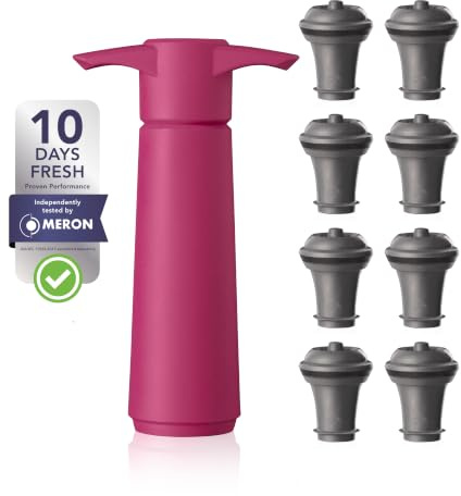 Vacu Vin Schwarze Pumpe mit Weinflaschenverschluss, hält Wein bis zu 10 Tage frisch, Rosa mit 8 Stopfen