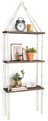 Mkono Makrame Wand hängendes Regal, 3-Tier Holz schwimmende Regale mit niedlichem gewebten Seil Boho Raum Dekor Anzeige Fotos Pflanze für Badezimmer, Schlafzimmer, Wohnzimmer, Kinderzimmer