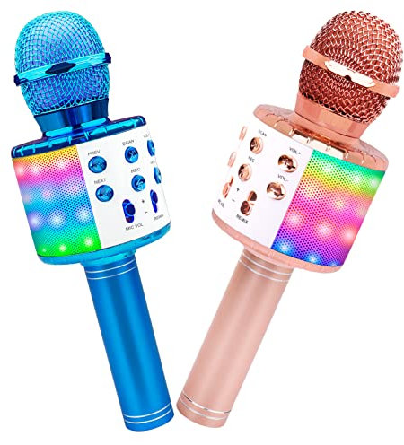 ICNOW Wireless Microphone for Kids Adults, Karaoke Bluetooth Microphones Portable LED Lights Mic Speaker for Home KTV Party Singing Recording, Rose Gold & Blue