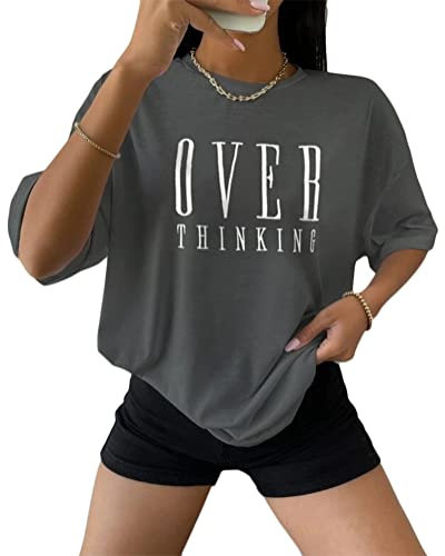 Tomwell Damen Tshirt Kurzarm Sommer Oberteile Oversized T-Shirt mit Buchstaben Druck Lose Rundhals Sport Shirt Teenager Mädchen Top Tunika Lang A Dunkelgrau XL