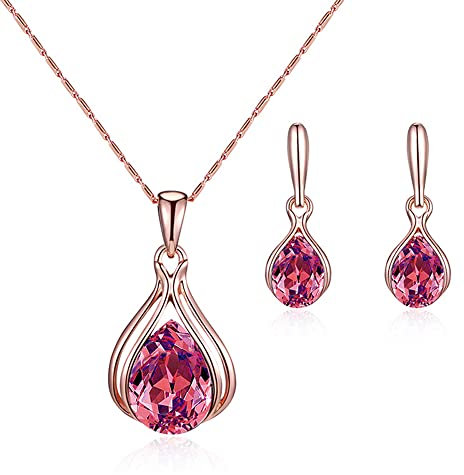 FFWTPY Parure Collier Et Boucles D'Oreilles En Forme De Goutte D'Eau En Cristal Bleu Bijoux En Plaqué Or Rose Pour Femme Élégante Ensemble De Bijoux De Luxe Accessoire De Mode Pour Toutes Occasions