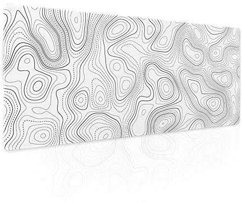 Topographic Contour White Gaming Mouse Pad XL Geographic Map Lines Extended Large Desk Mat Big Mousepad Non-Slip Rubber Base Stitched Edge Long Playmat for Desktop Office PC Computer,31.5×11.8 in