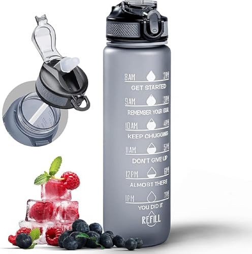 Active 100 Water Bottle 1000ml Sports Water Bottle with Motivational Time Marker & Straw, Dishwasher Safe Leak-proof Drink Bottle BPA Free Non-Toxic Tritan Material 1 Click Open for Running Gym