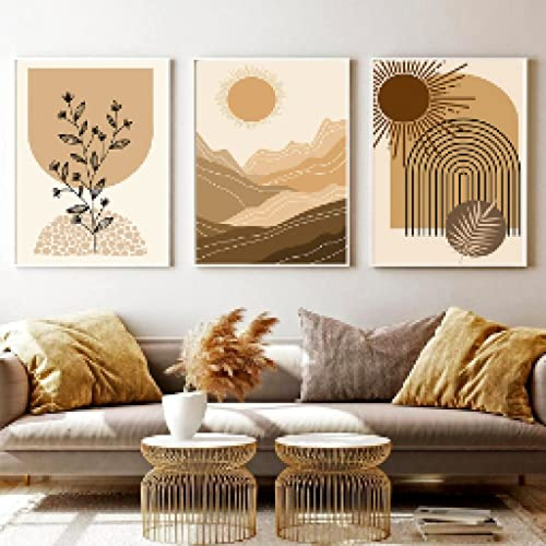 OTURRI Abstrakte Landschaft Wand Bilder Berg Sonne Blatt Pflanze Leinwand Gemälde Nordische Poster und Kunstdrucke Wandbild Wohnzimmer Wohnkultur 40x60cmx3 Ungerahmt