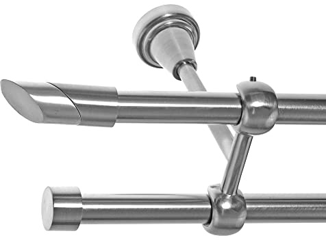 BASIT Gardinenstange Edelstahllook 16mm 2-läufig Decke 280cm lang D24 | Gardinenstangenset doppelläufig Deckenmontage Metall Vorhangstange Deckenhalterung 120-600cm wählbar Kappe Schräge E13