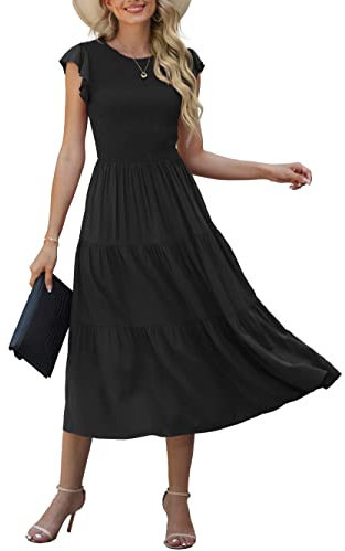 GRECERELLE Womens Summer Maxi Dress - Casual Midi Smocked Ruffle Sleeve Elastic Waist Crew Neck Tiered Cocktail Long Dresses for Ladies (Black, L)
