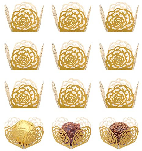 50pcs Truffle Wrappers Liners Cups Chocolate Paper Candy Cups Small Flared Paper Baking Cups for Muffins Cupcakes Birthday Wedding Party Decor (Gold)