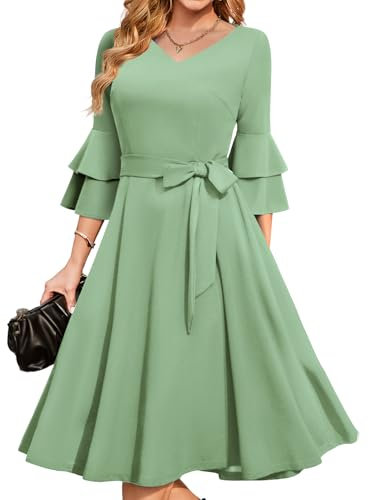 DRESSTELLS Damen Audrey Hepburn Kleid mit niedlichen Ärmeln Elegant Party Cocktail Formal Hochzeitsgast LangarmAbendkleid 50er Jahre Kleider LightGreen M
