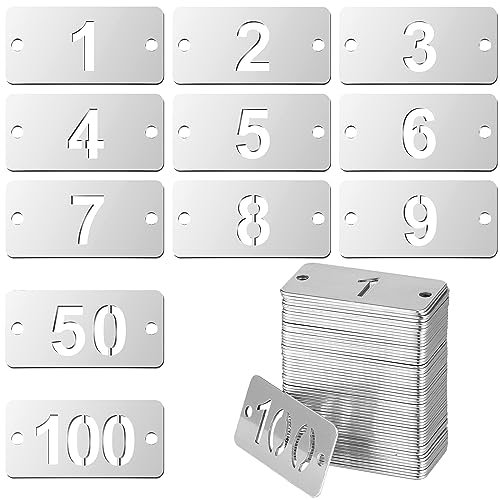 Hicarer Nummerierte Metall-Etiketten aus Edelstahl, mit Löchern, nummerierte Schlüsselanhänger (1–100, rechteckig, 4,9 x 2,9 cm)