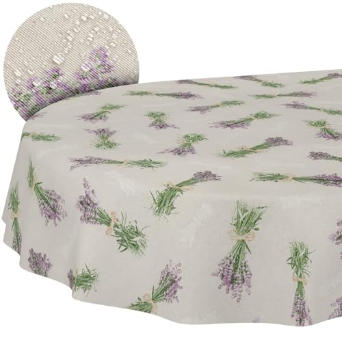 ANRO Tischdecke abwaschbar Lavendel Beige oval 220x140 cm Tischwäsche | Gartentischdecke wetterfest – schmutz- & wasserabweisend, pflegeleicht – waschbar bei 30 °C