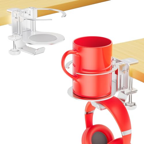 Urmust Desk Cup Holder, 3-in-1 Headphone Holder Under Desk Clamp Controller Stand Replaceable Cup Holder for PC Gaming, 360° Rotation,Universal for Headset (Silver)
