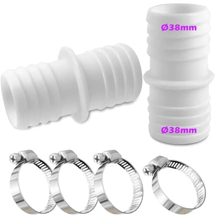 Schlauchverbinder 38mm Set mit 4 Stück Edelstahl Schlauchschellen, Weiß Poolschlauch Adapter-Schlauchadapter-Doppelschlauchtülle(2pcs)