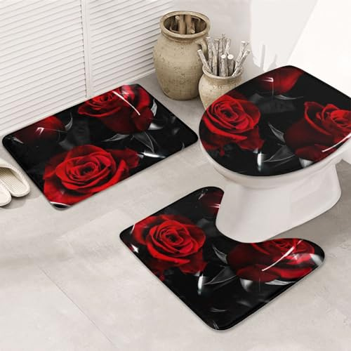 BUULOO Rutschfeste Badematte mit roten Rosen, 3-teiliges Set, 80 x 50,8 cm (Badteppich und rutschfeste Matte und WC-Deckel), Unterseite aus PVC-Gummi, weich und saugfähig.