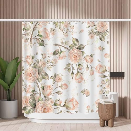 Woutay Shower Curtain Water Repellant Fabric Watercolor Pink Rose,Mould Proof Resistant,Polyester,Size 180x180CM