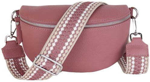 MIRROSI® Bauchtasche Damen, Echtleder, Made in Italy, Umhängetasche, Brusttasche, Crossbody Bag (1 Tasche & 2 Gurte) (Altrosa (Pünktchen), Große Tasche (28x18x9cm))