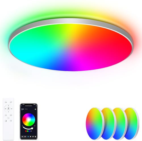 Led Deckenlampe Dimmbar mit Fernbedienung, [4 Stücke] 24W 16 Millionen RGB Farbwechsel Smart led Deckenleuchte Steuerbar via App, 2400LM Deckenbeleuchtung Ø30CM Lampe für Wohnzimmer Schlafzimmer, Weiß