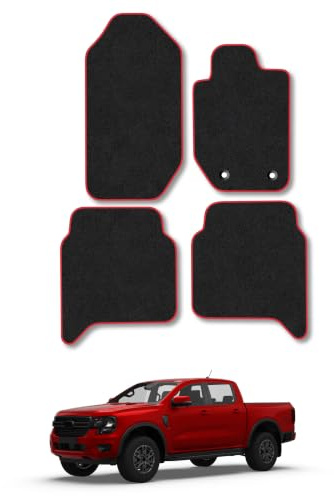 Compatible with Ford Ranger (2011-2022) Carpet Car Mats | Red Edge Trim Tailored Fit Floor Mats Full Coverage Protection Accessories Easy Clean Anti Slip Made in the UK
