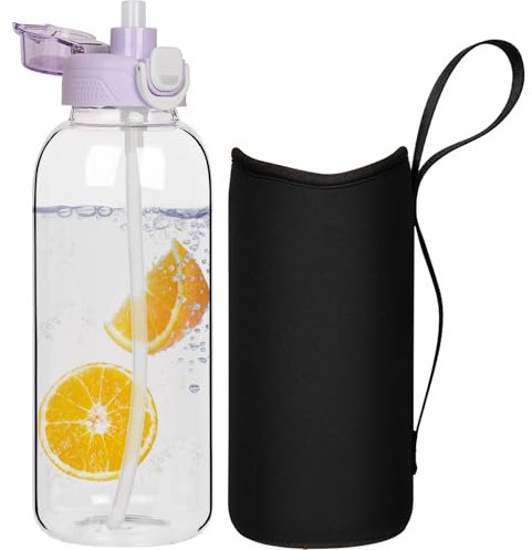 DEARRAY 2l Gourde en Verre avec Paille, 2 litres Bouteille d'eau en Verre Borosilicaté Anti-fuite avec étui de Protection en Néoprène