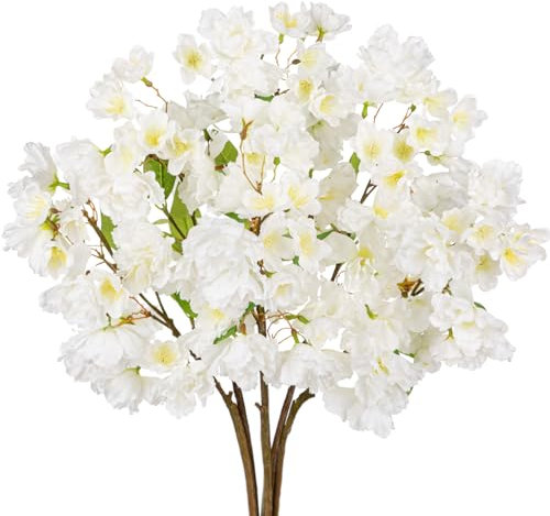 Hollyone Lot de 6 Branches de Cerisier artificielles de 47 cm, Fleurs de Cerisier artificielles pour décoration, Fleurs de Cerisier artificielles en Soie Blanche pour décoration d'intérieur, Mariage