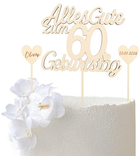 GoldRock Holz Tortendeko 60. Geburtstag für Frau und Mann - Alles Gute zum 60. Kuchendeko Cake Topper - Cupcake Topper