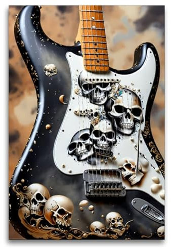 CALVENDO Premium Textil-Leinwand 80 x 120 cm Hochformat Death Metal - einzigartige E-Gitarre mit Totenköpfen | Wandbild, HD-Bild auf Keilrahmen, Wanddekoration, Kunstdruck von Renate Utz