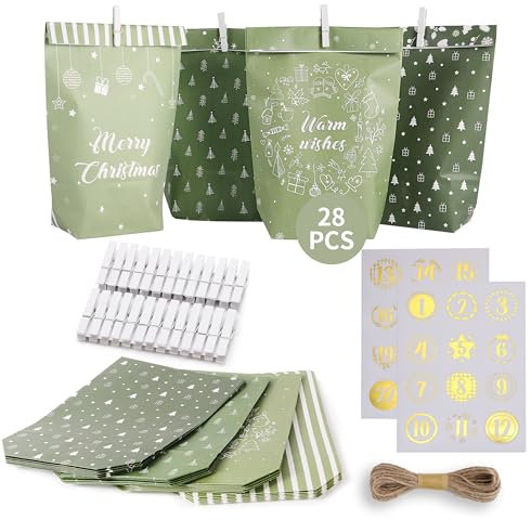 2024 Adventskalender zum Befüllen - 28 Papier Adventstüten (mit Holzklammern) zum Basteln für Weihnachten - Papier Weihnachtstüten mit Zahlenaufkleber, DIY Adventskalender Kinder Kraftpapier Set